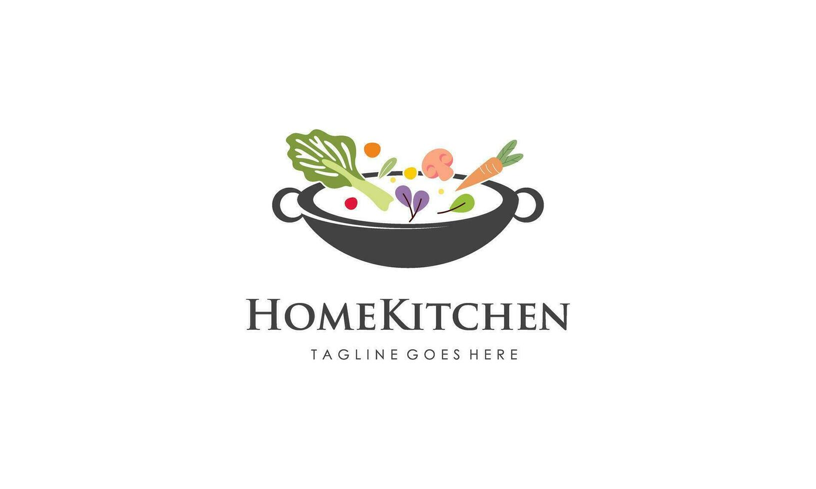 Home kitchen logo with pot full of healthy vegetables and vitamins logo vector