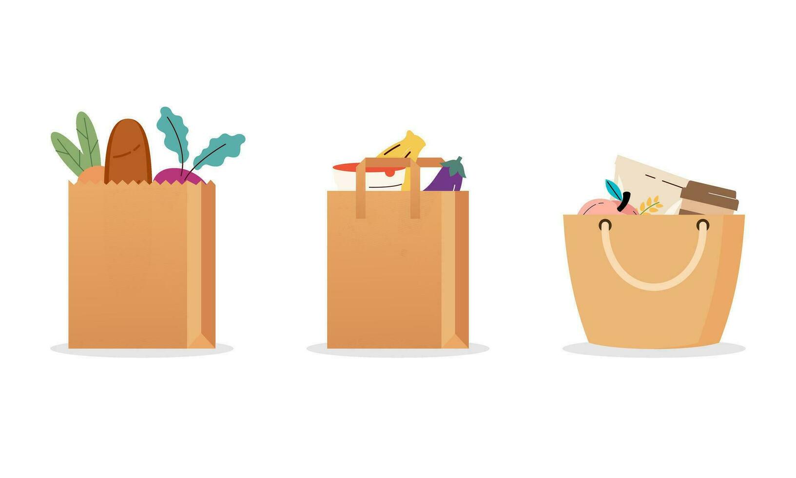 Set of grocery brown bags with eco organic food concept design vector