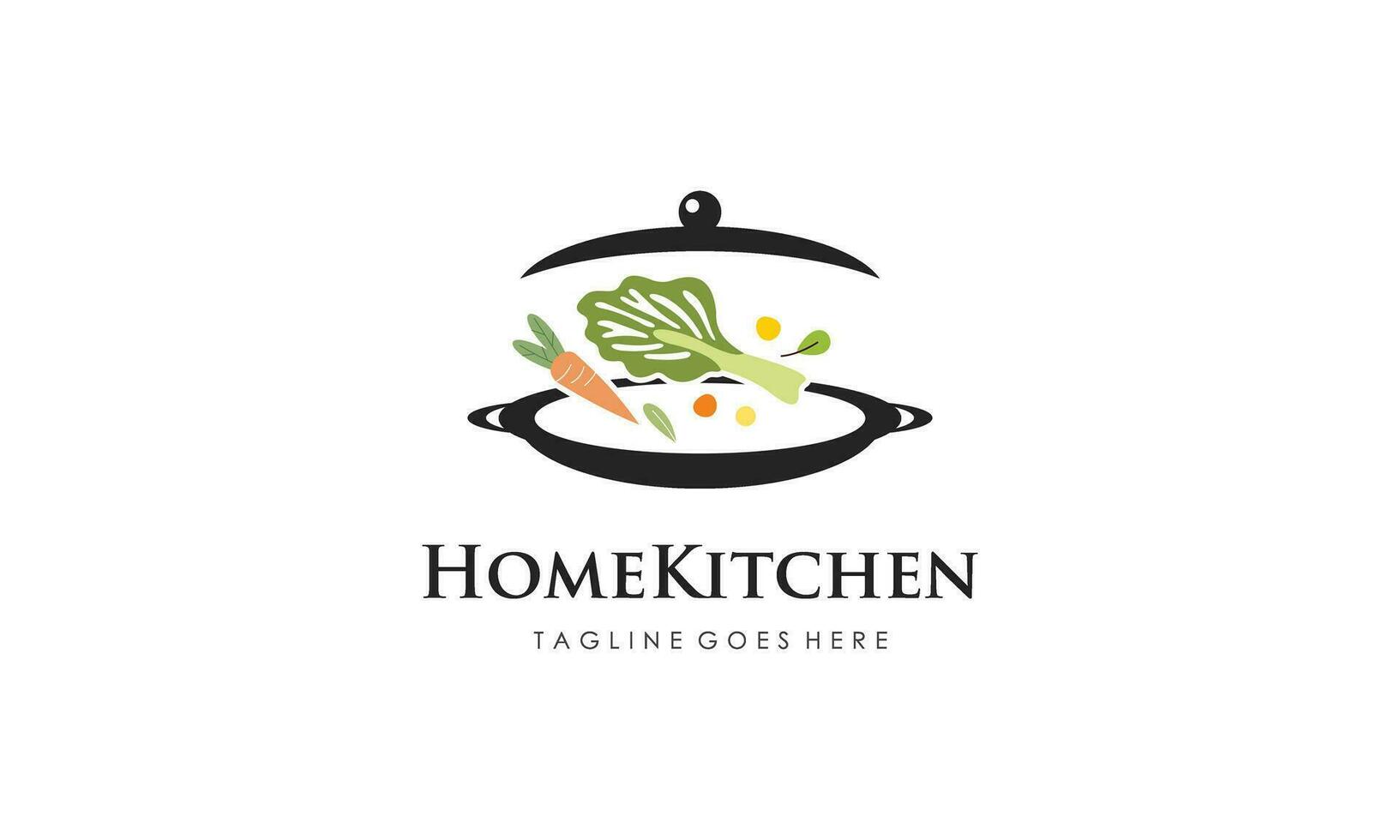 Home kitchen logo with pot full of healthy vegetables and vitamins logo vector