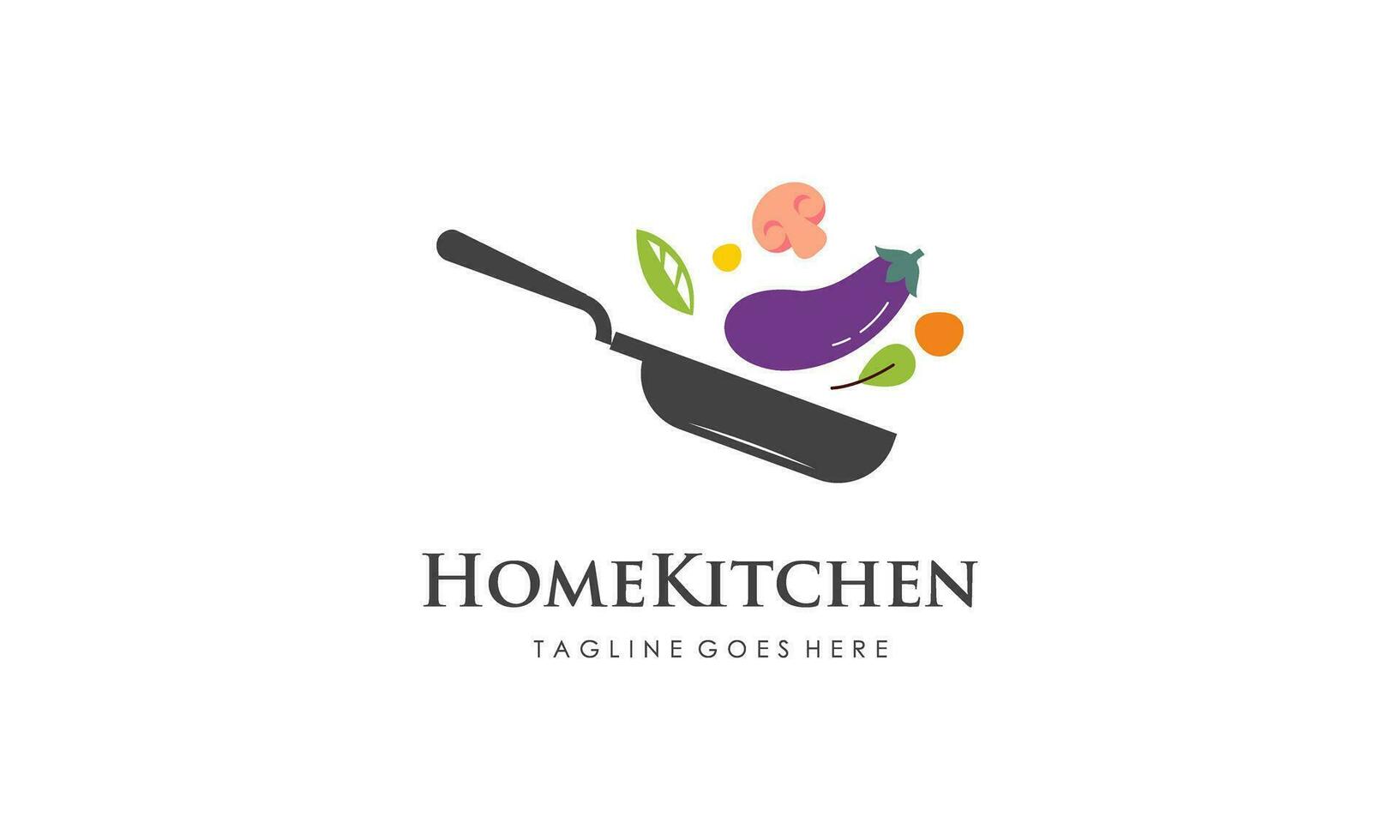 Home kitchen logo with pot full of healthy vegetables and vitamins logo vector