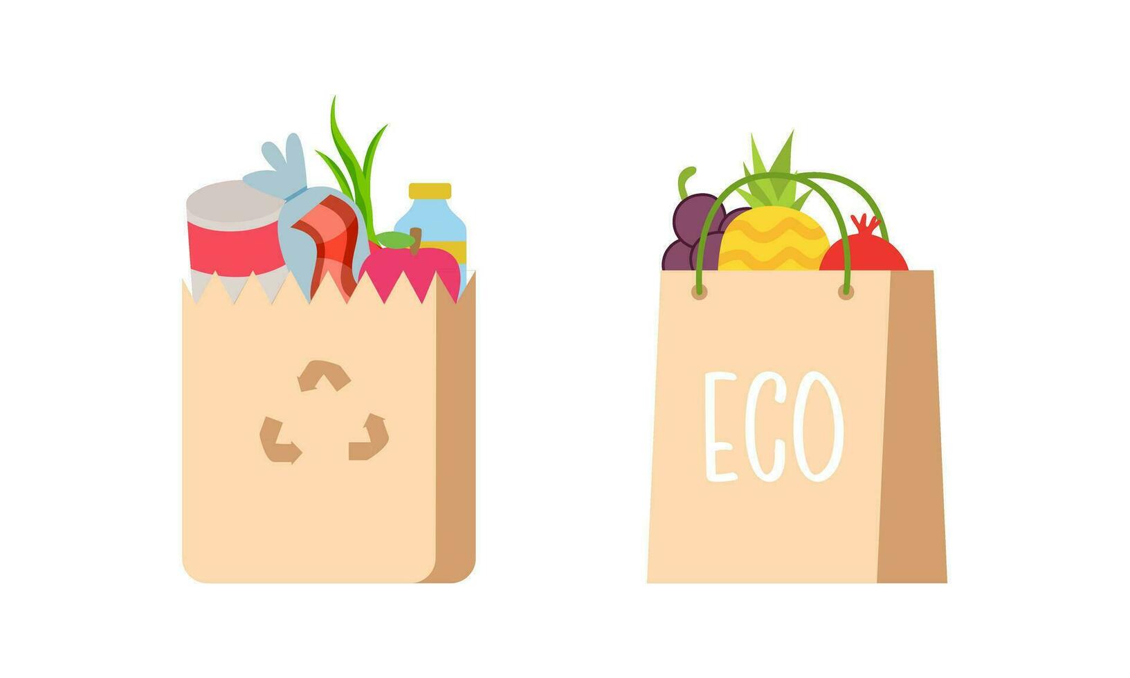 Set of grocery brown bags with eco organic food concept design vector
