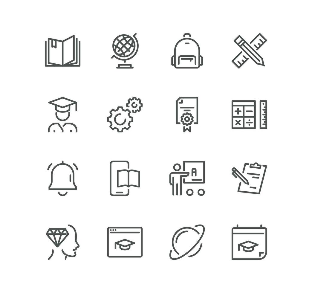 Set of School and university related icons, study, learning, knowledge, chemistry, globe, classroom, biology, history, math, geometry and linear variety vectors. vector