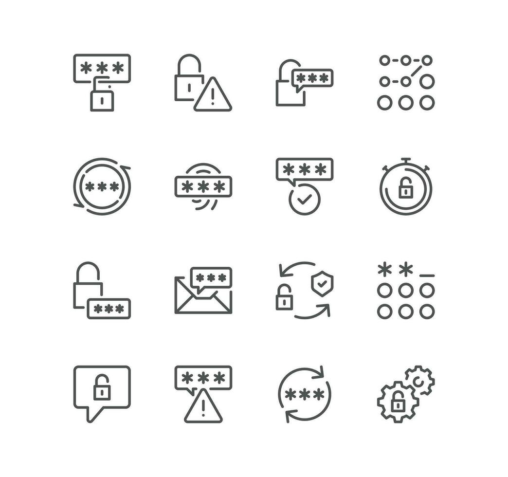 Set of password related icons, security alert, key, authorization, password combination, finger print and linear variety vectors. vector