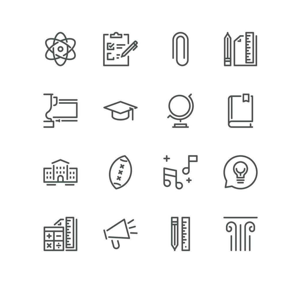 Set of School and university related icons, study, learning, knowledge, chemistry, globe, classroom, biology, history, math, geometry and linear variety vectors. vector