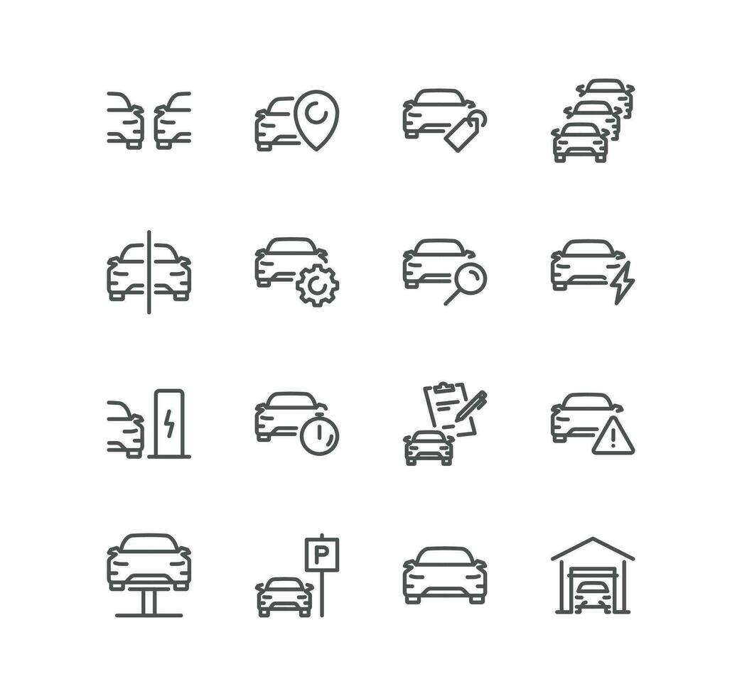 Set of car related icons, garage, inspection, dealership, stats comparing, tech reivew and linear variety vectors. vector