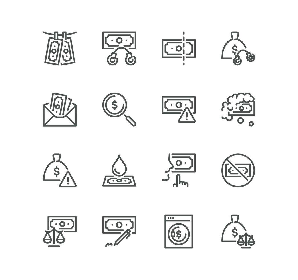 Set of financial crime related icons, money laundering payment for silence, fraud, bribe and linear variety vectors. vector