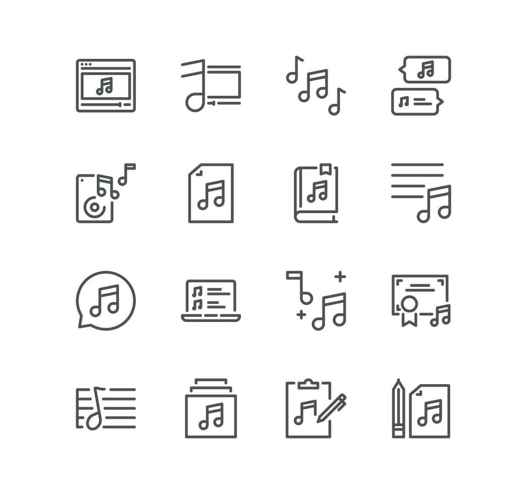 Set of music related icons, loudspeaker, karaoke, soundtrack, party, song lyrics and linear variety vectors. vector