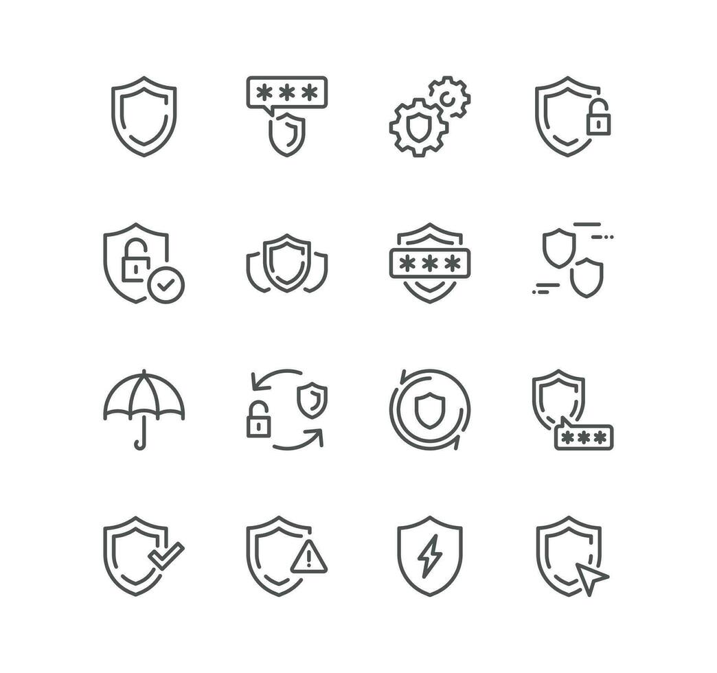 Set of defense related icons, warranty, computer security, shield, umbrella, protection and linear variety vectors. vector