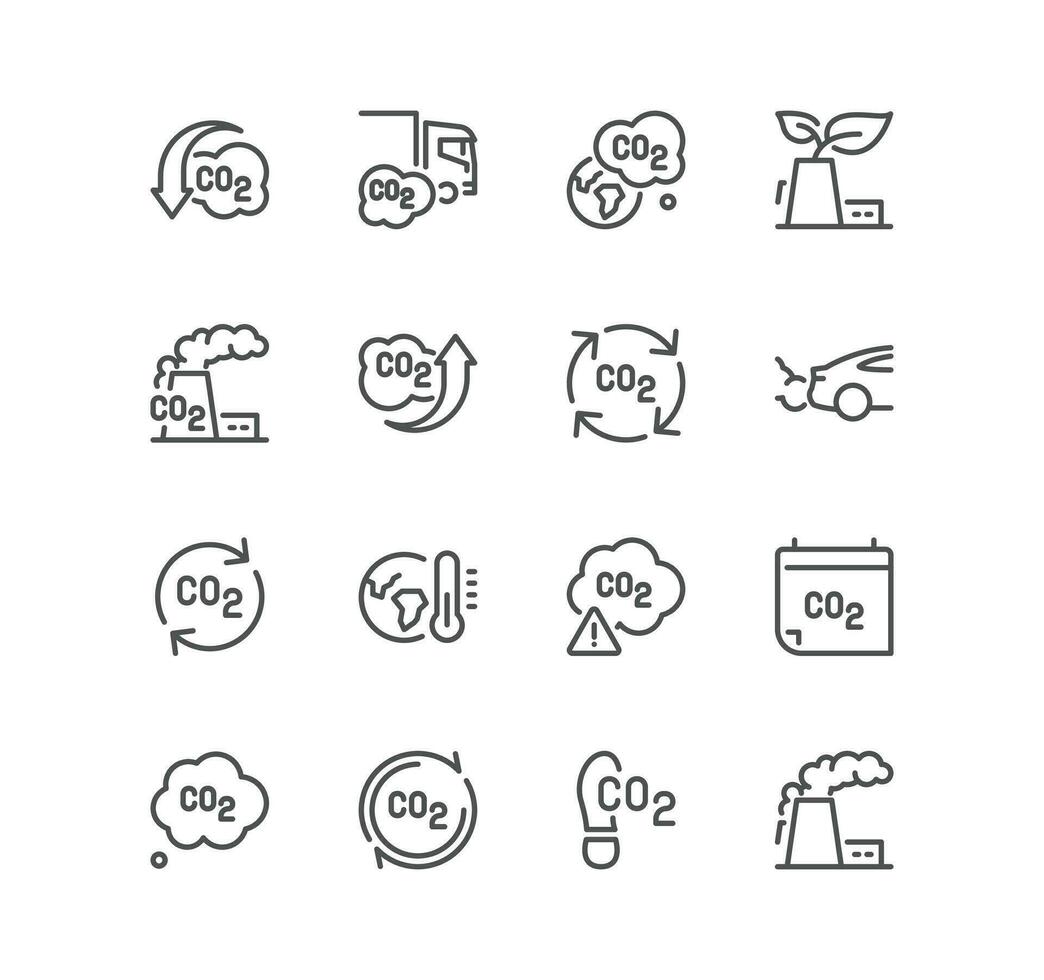 Set of CO2 related icons, green production, earth, emission levels and linear variety vectors. vector