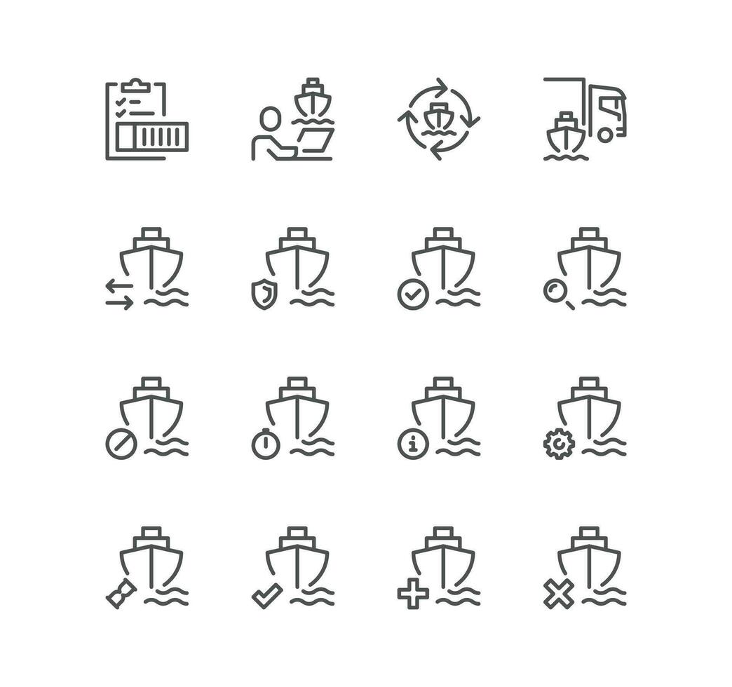 Set of ship management related icons, renting price, commercial fleet, ship route, container stacking and linear variety vectors. vector