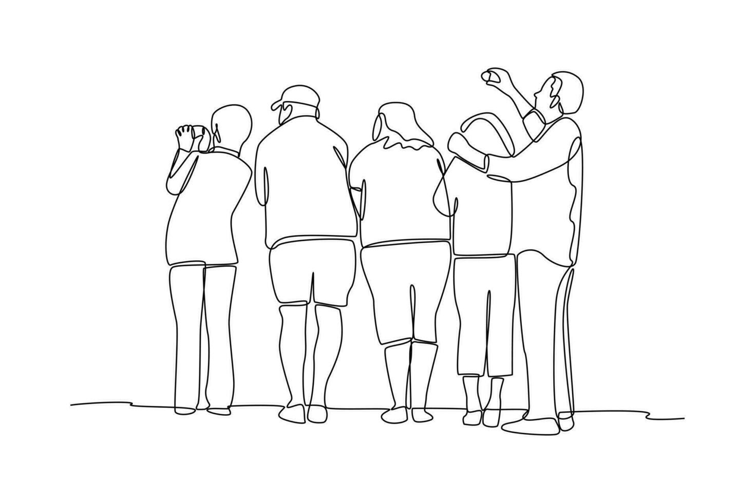 Continuous one line drawing concept of a crowd of happy people outdoors. Single line draw design vector graphic illustration.