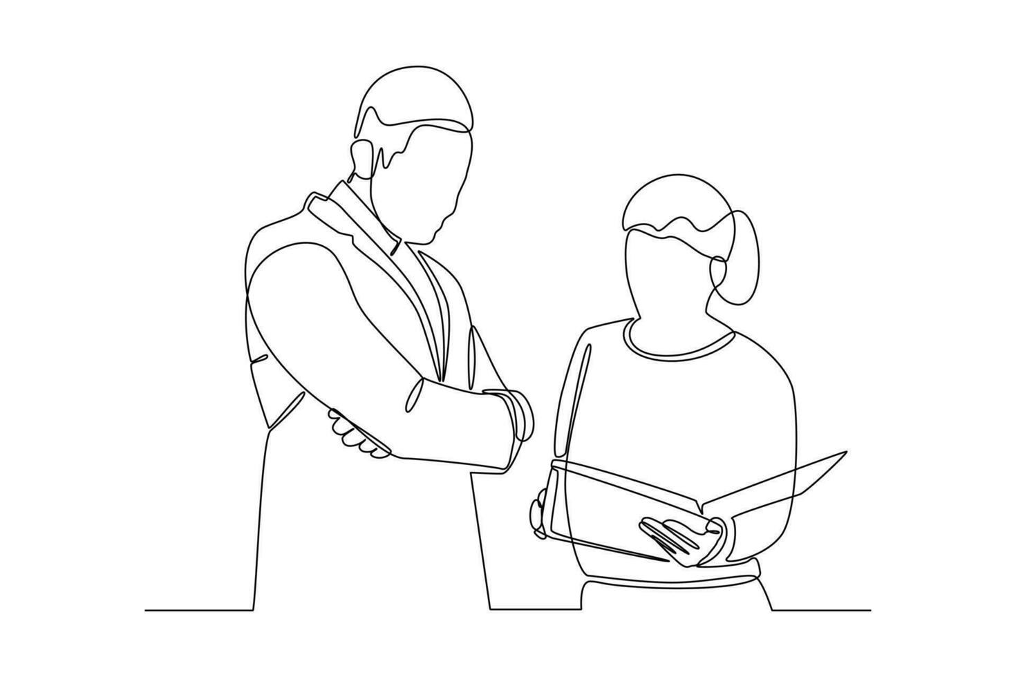 Single one line drawing working together, discussing business. Meeting of colleagues. Coworking, teamwork concept. Continuous line draw design graphic vector illustration.