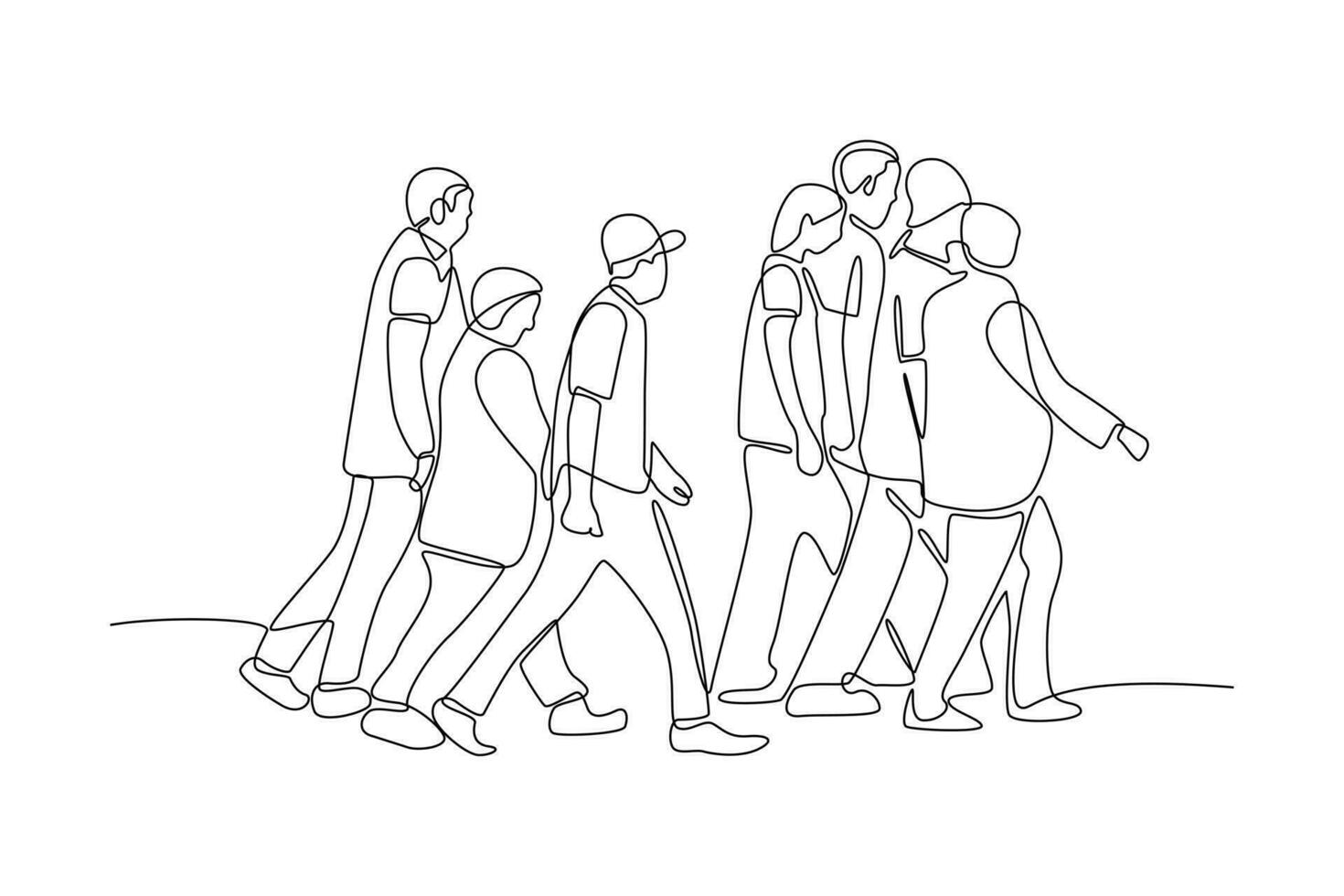 Continuous one line drawing concept of a crowd of happy people outdoors. Single line draw design vector graphic illustration.