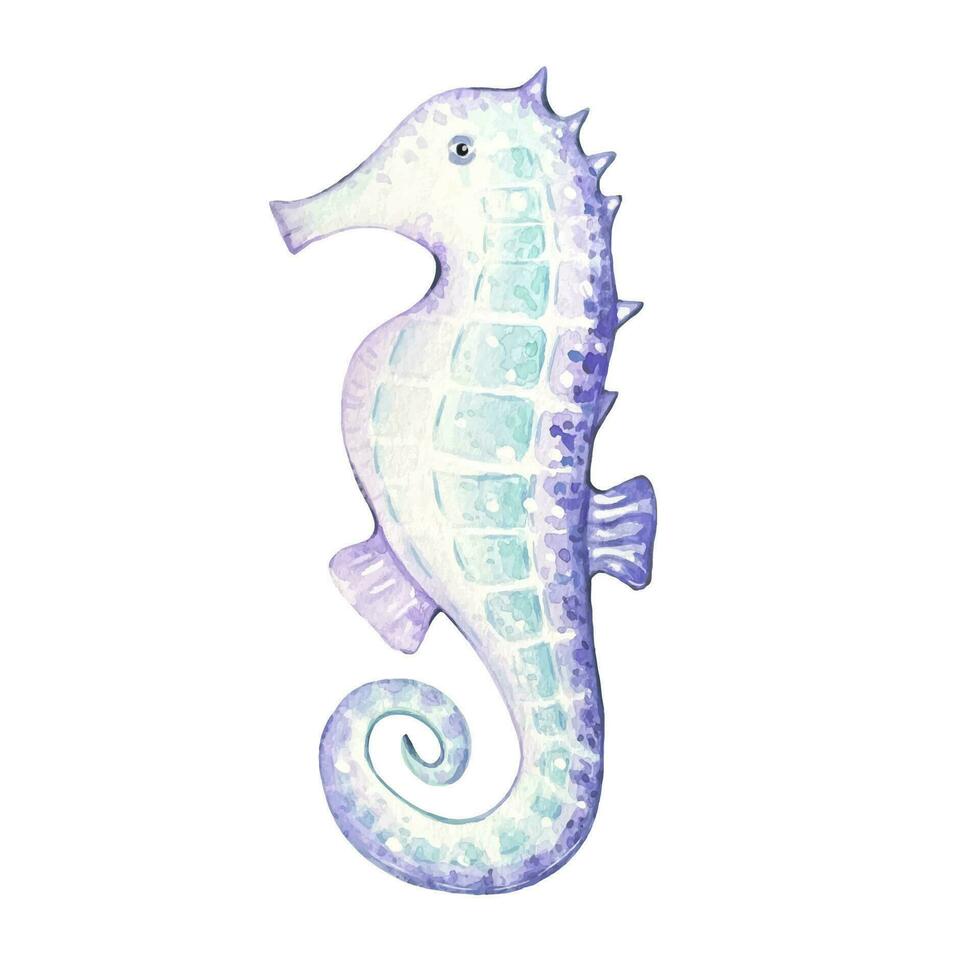 Seahorse in purple and turquoise colors, watercolor illustration vector