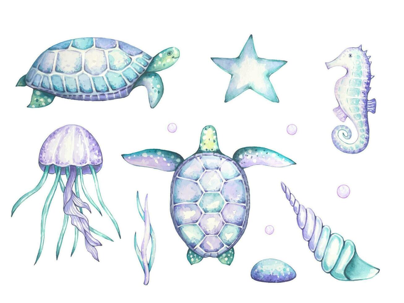 Nautical set with turtles, seahorses, algae, jellyfish, seashells, purple and turquoise colors, watercolor vector