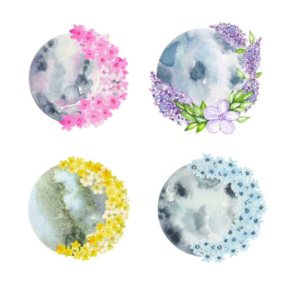 Collection of watercolor floral moons vector