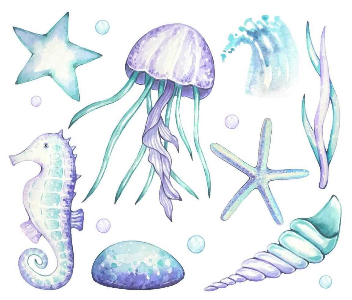 Sea set with seahorse, algae, jellyfish, shell, in purple and turquoise colors, watercolor vector