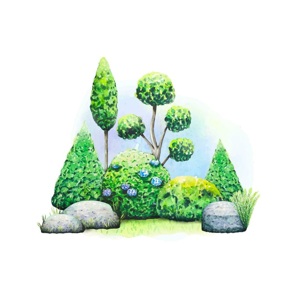 Hand drawn watercolor illustration of a landscape with green bushes, trees, rocks vector