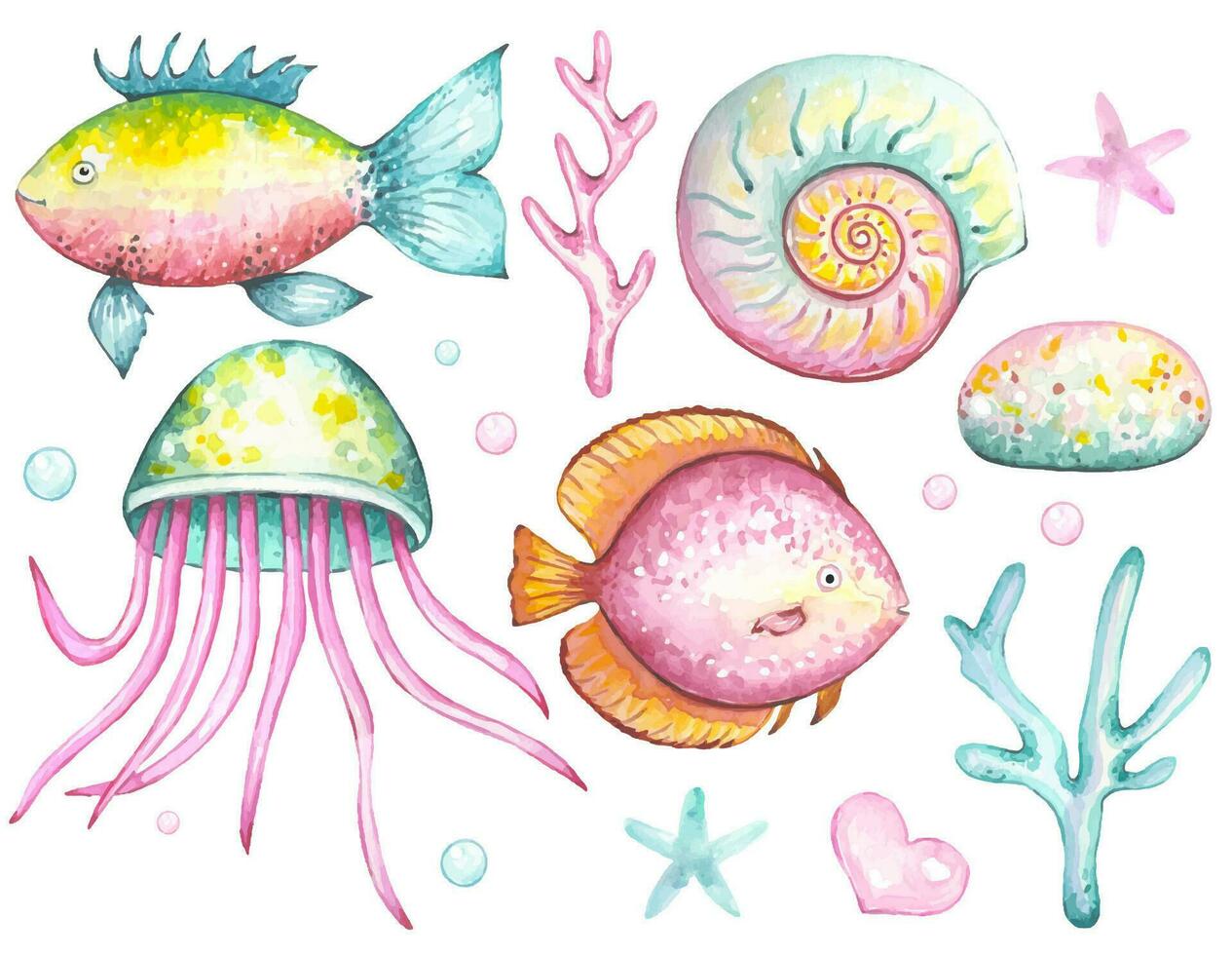 Sea set with a fish , algae, jellyfish, shells,  watercolor vector