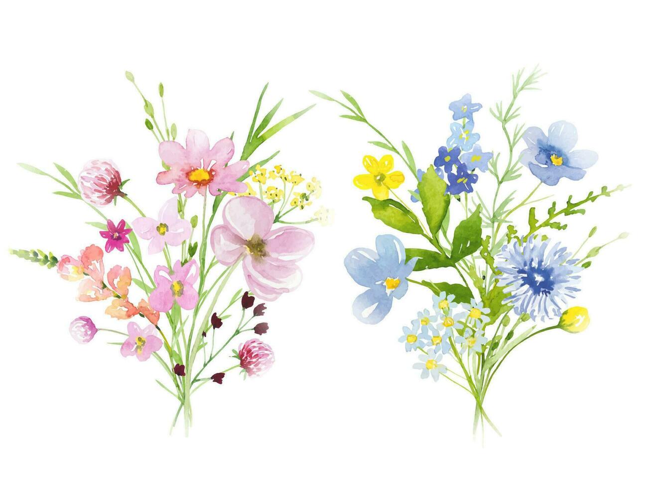Set of bouquets with meadow  flowers and leaves. Watercolor vector