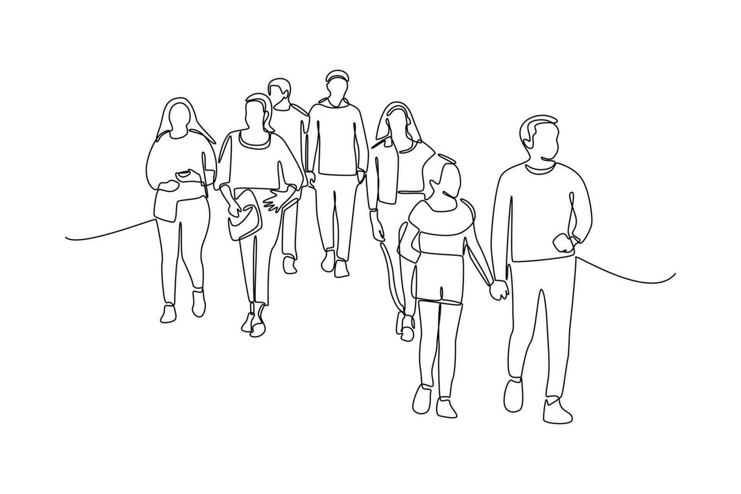 Continuous one line drawing concept of a crowd of happy people outdoors. Single line draw design vector graphic illustration.