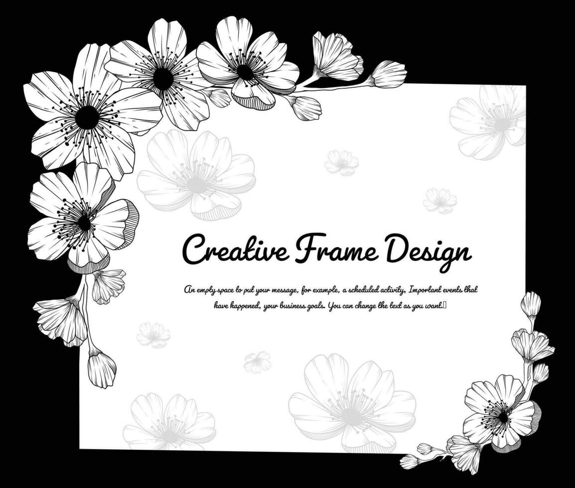 Vintage floral frame, Japanese blossom Sakura and with place for text. Outline hand drawn. wedding invitations, floral greeting cards. Black and white stencil flowers isolated. vector