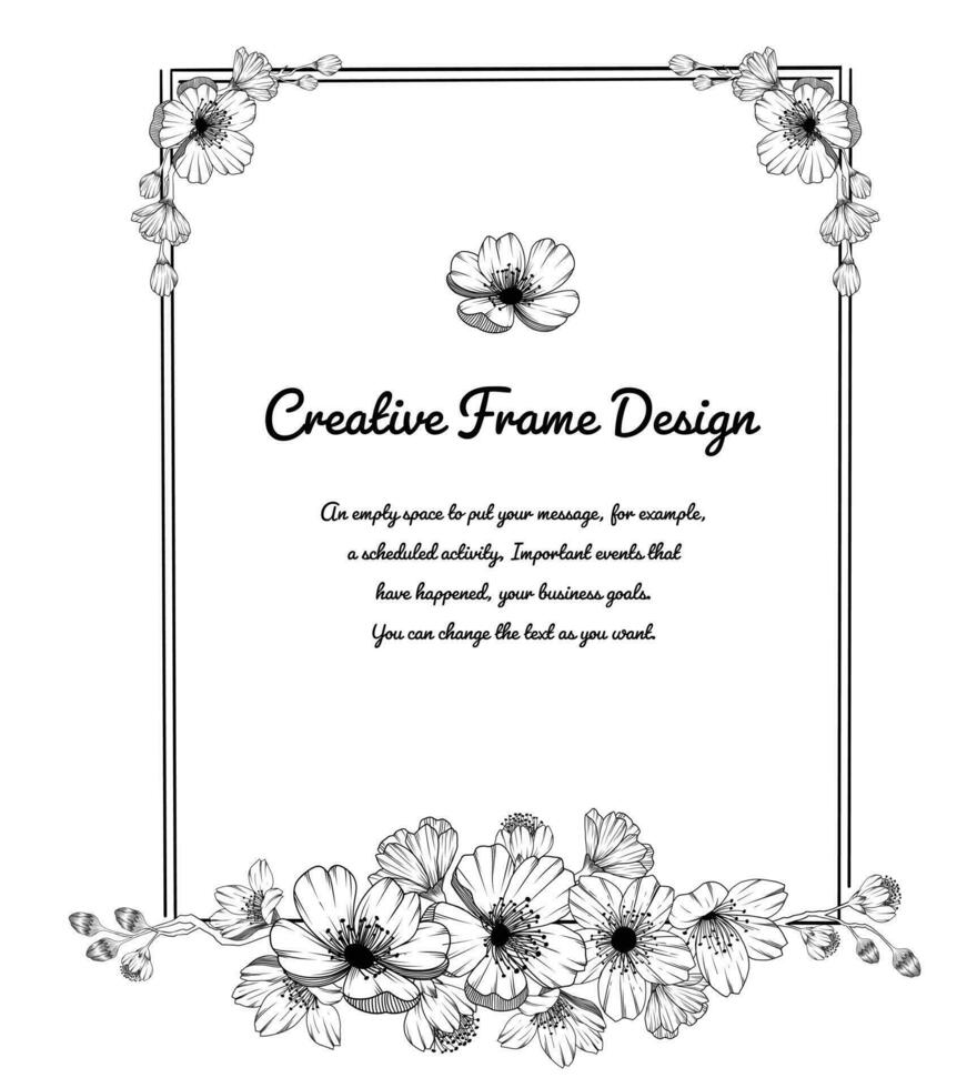 Vintage floral frame, Japanese blossom Sakura and with place for text. Outline hand drawn. wedding invitations, floral greeting cards. Black and white stencil flowers isolated. vector