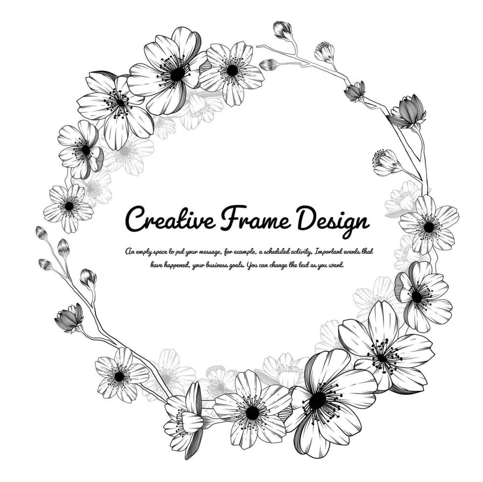 Floral circle frame with hand drawn spring cherry blossom in sketch style. Spring design for cards, banners, letters, invitations. Place for text. vector