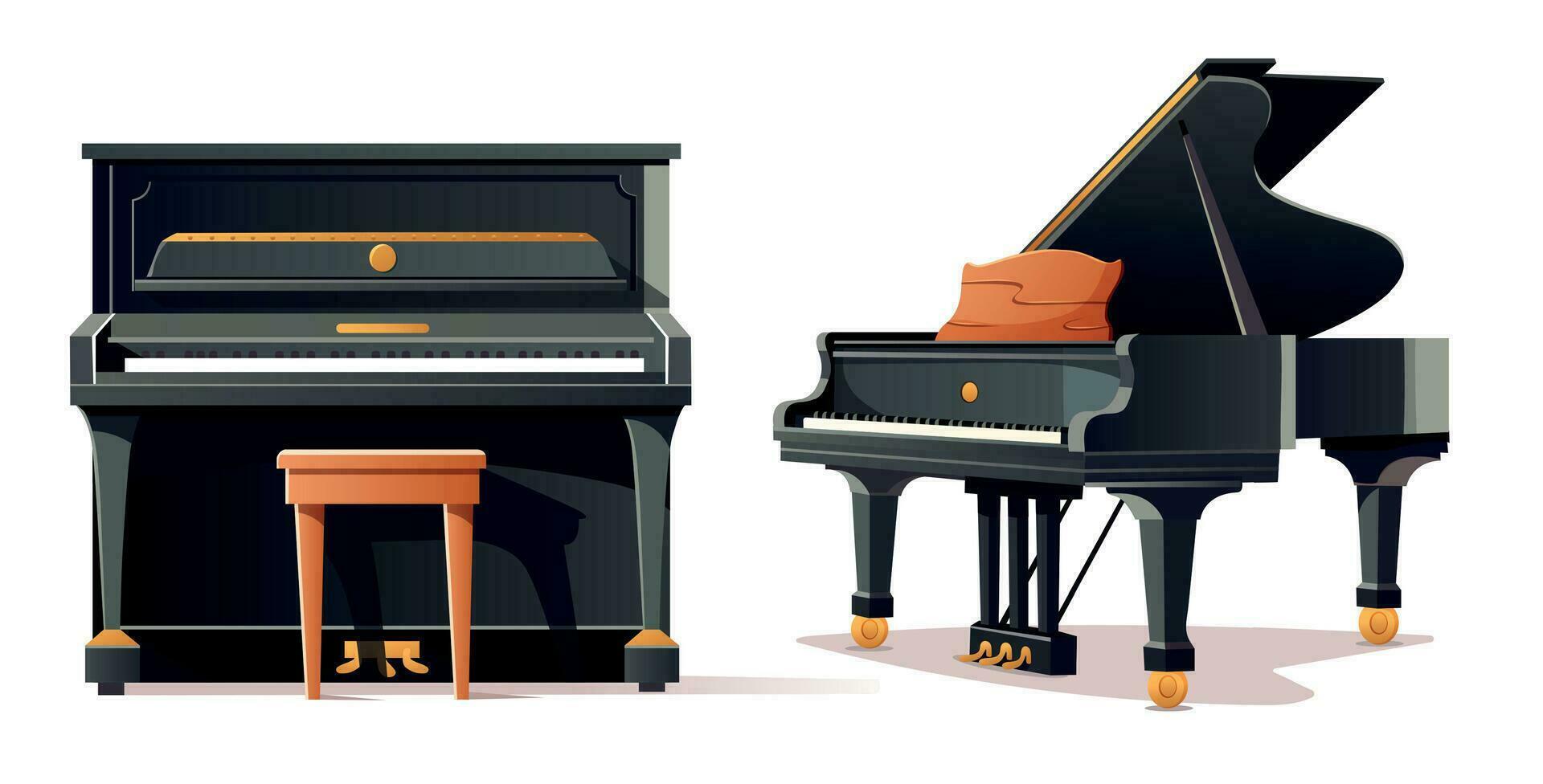 Classic black grand piano and upright piano. Two types of pianos. Musical instrument. Vector illustration for design.