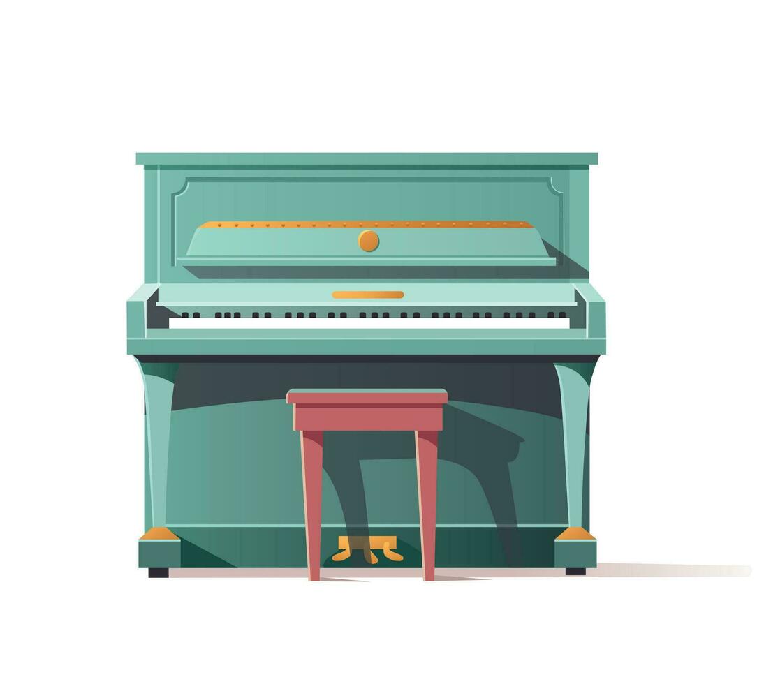 Classic green upright grand piano with banquette. Musical instrument. Vector illustration for design.