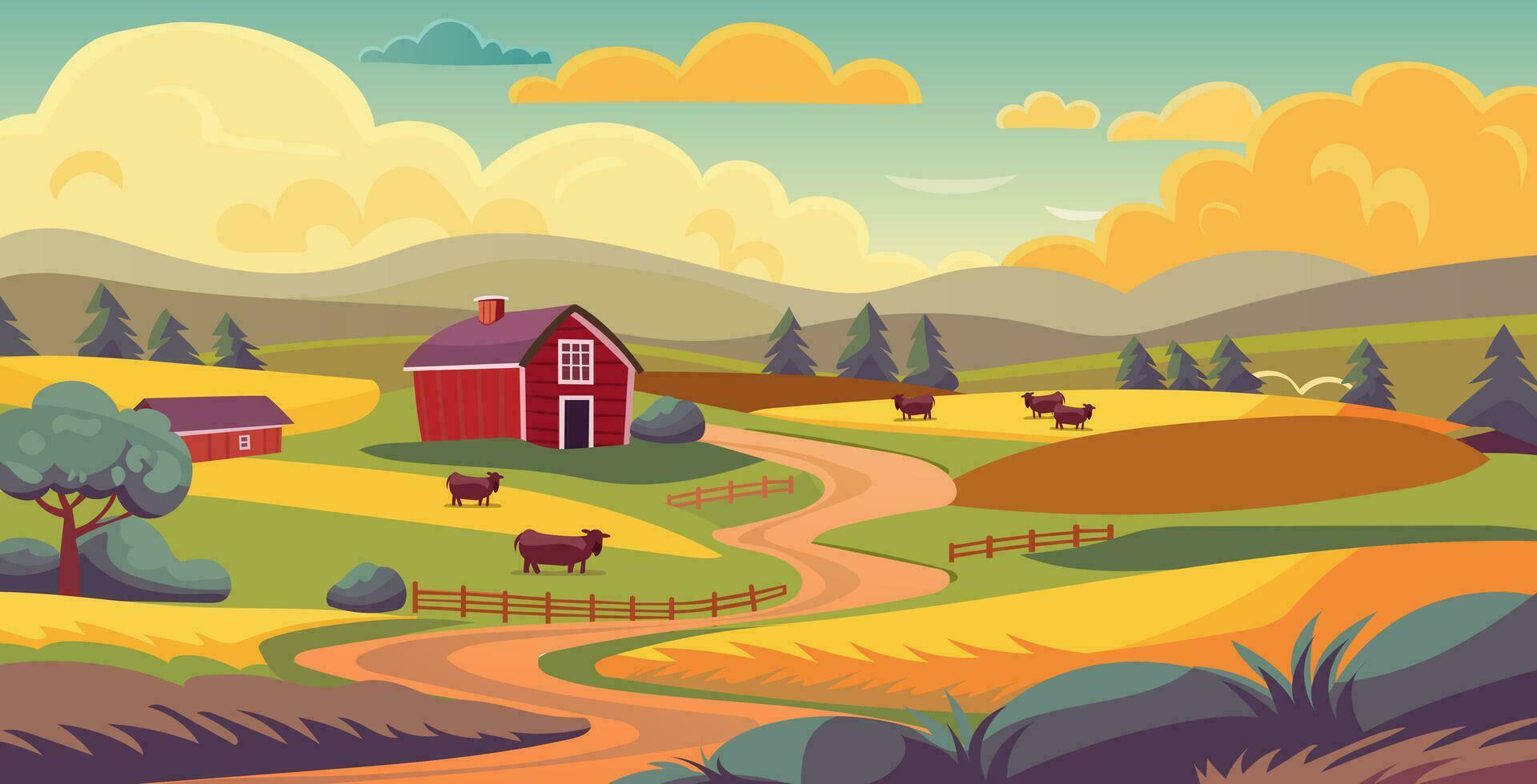 Rural landscape illustration for background. Farmhouse and barns, cows grazing through the fields. vector