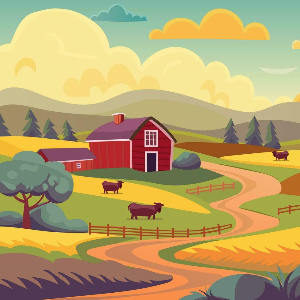 rural paisaje ilustración para antecedentes. casa de Campo y graneros, vacas pasto mediante el campos. vector