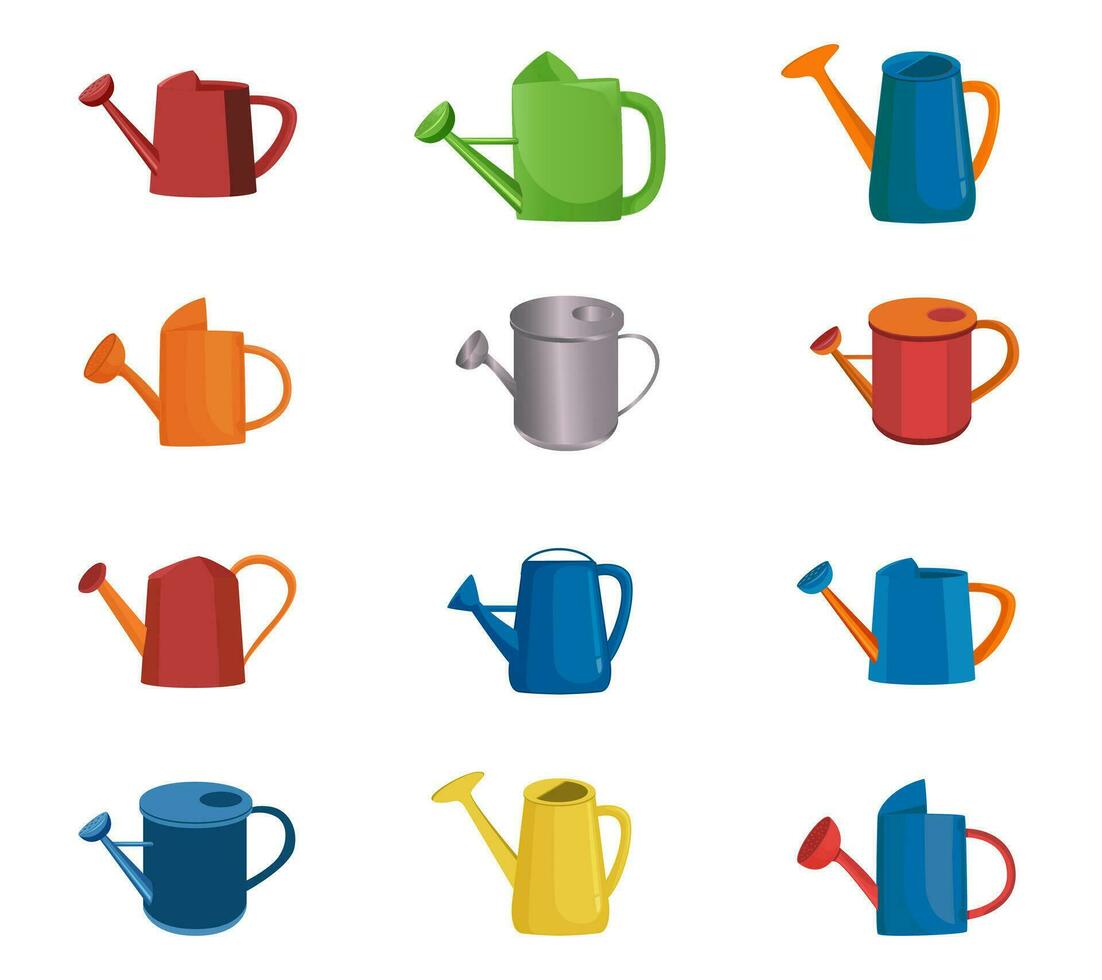 Set Of Watering Can Vector Illustration Collection, Spray Gun Vector Clip Art Set. Watering Can Water Sprayer Clip Art Bundle. Vector Colored Bucket With Bundle Set. White Background.