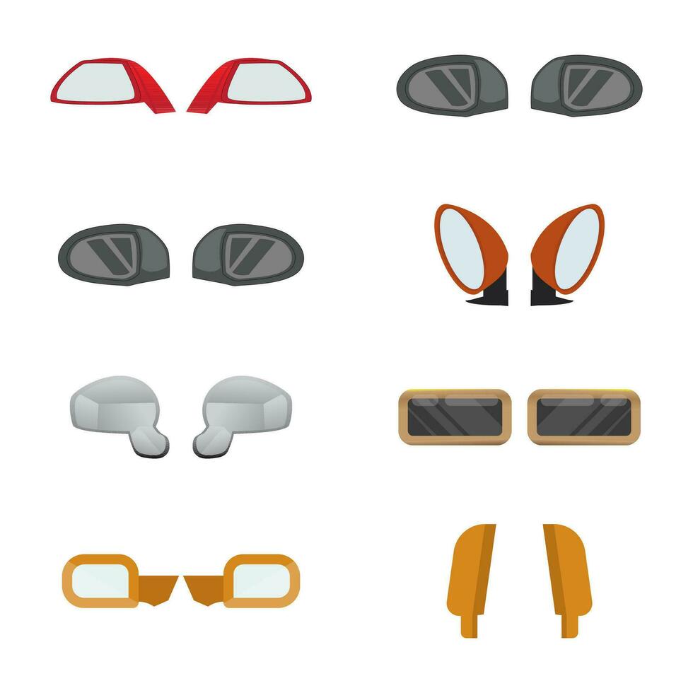 Collection Of Auto And Car Stock Illustration Vector For Web And Other. Set Of Car Mirrors Hi-Quality Premium Design. White Background.
