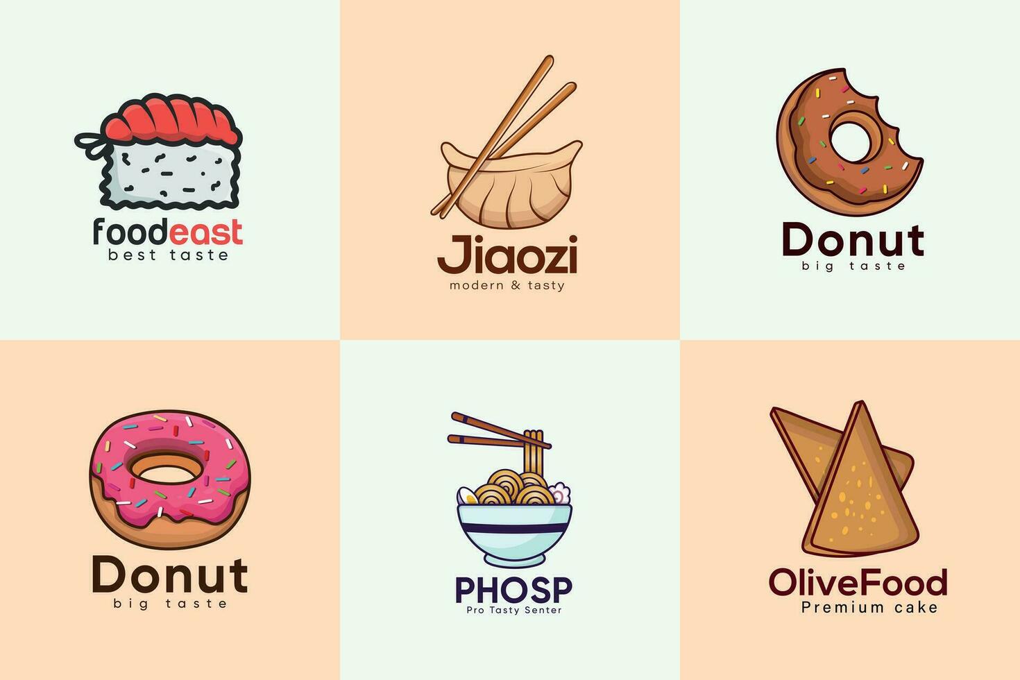 A logo For Foods And Resturant Noodles, Donut, Cake, Jiaozi Vector Illustrations Logo Big Collection. Foods Design And Cook Labels Vector Set.  Premium Elements With Spoon And Chopstick Vector.