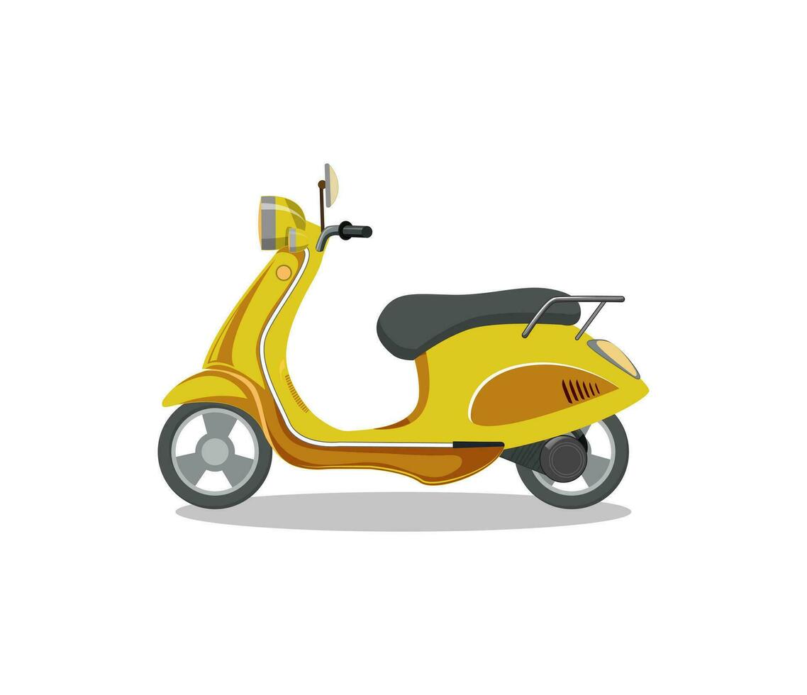 un prima scooter vector ilustración diseño. Deportes a campo traviesa de dos ruedas transporte de varios tipos vistoso motorizado scooter. vector plano estilo dibujos animados ilustración 3d, lado posterior vista.