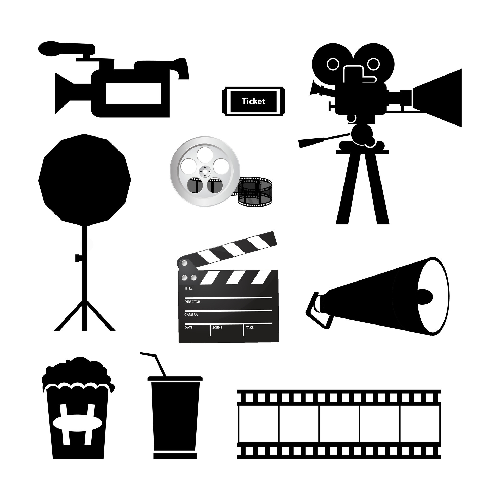 Best Black And White Cinema Movie Entertainment Clip Art Icon Set