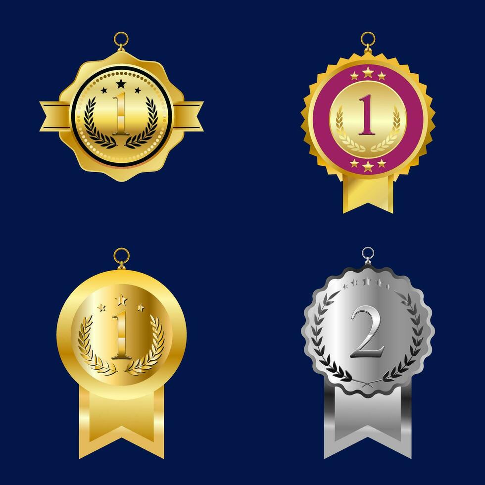 Set Of Trophy Or Awards And Medal For Winners Isolated Illustration Collection. Collection Of Golden, Silver And Black Color. Metal Symbols Icon Of Success,  Championship And Trophy Clip Art Design. vector