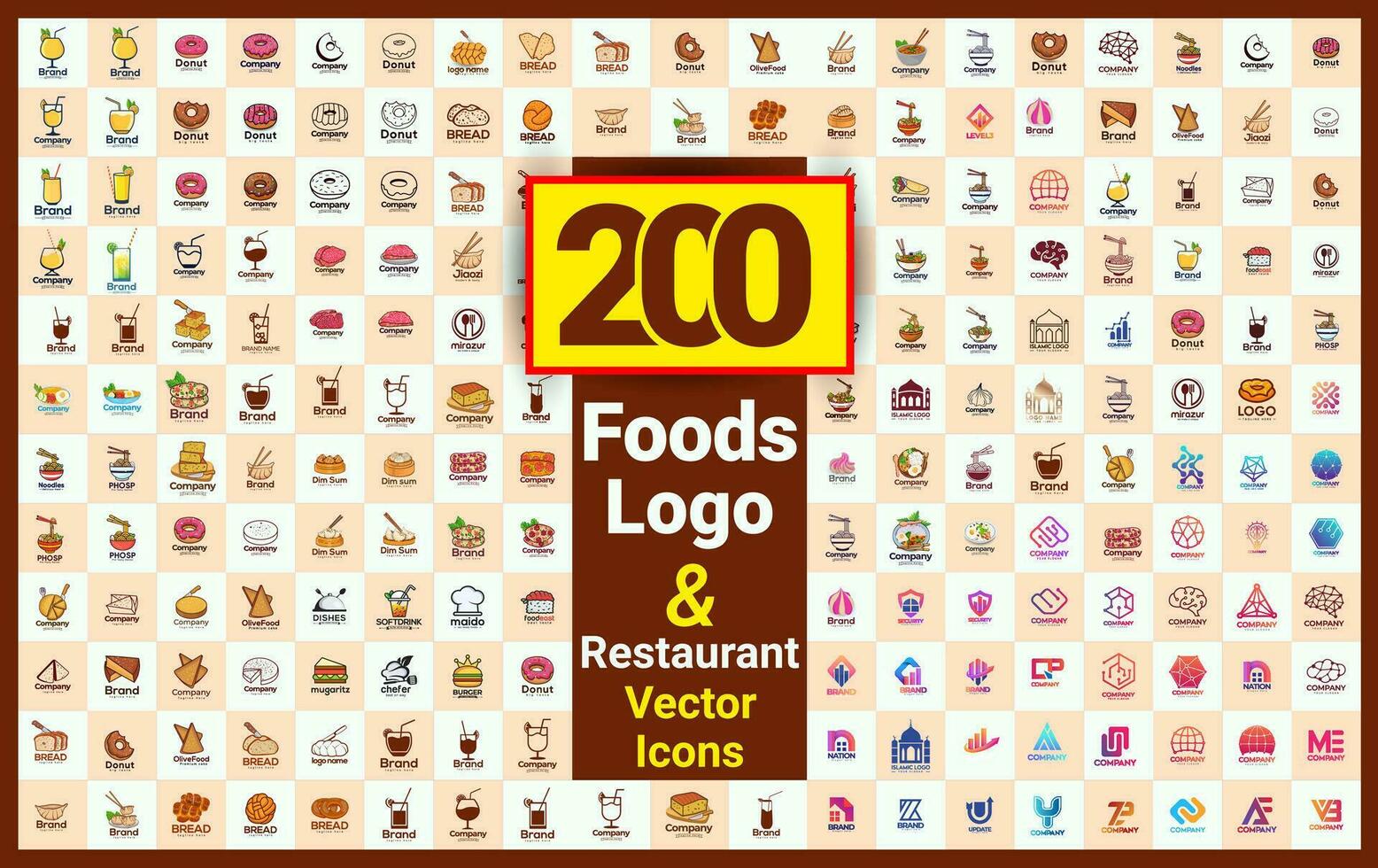 200 Plus Restaurant Foods Illustration Logo Collections, Premium Food Shop Products, And Badges Icon Collection For Food Market. Foods Cooking Elements With Hi-Quality Food And Drink vector