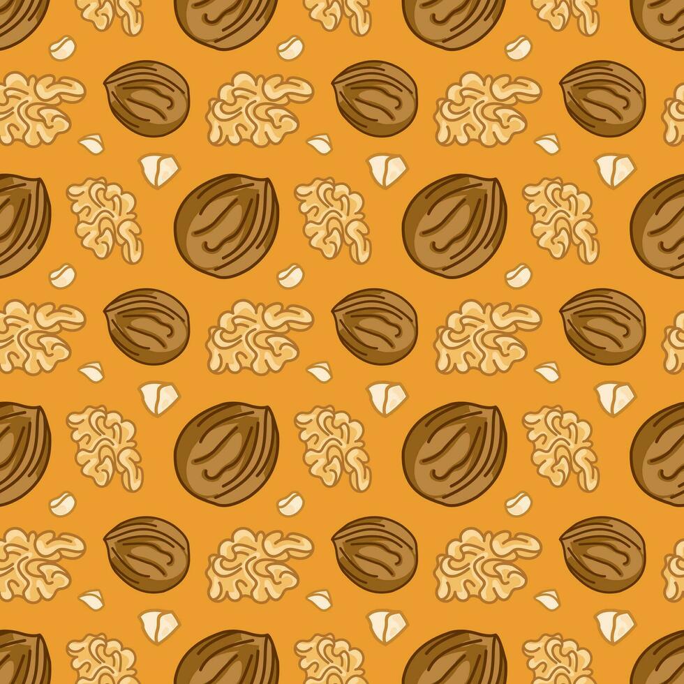 Vector seamless pattern of cartoon walnuts on a yellow background. The pattern is suitable for textiles and packaging