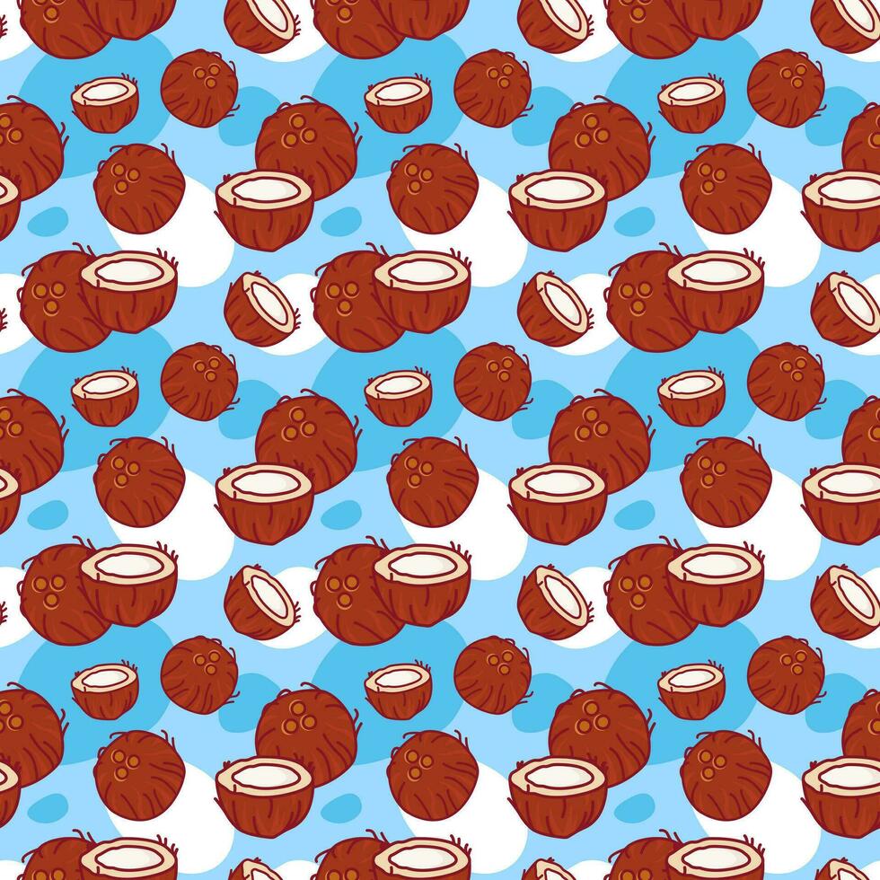 Seamless pattern with coconuts. Half a coconut. Summer walnut background. Wallpaper, print, wrapping paper, modern textile design, banner, poster. Vector illustration.