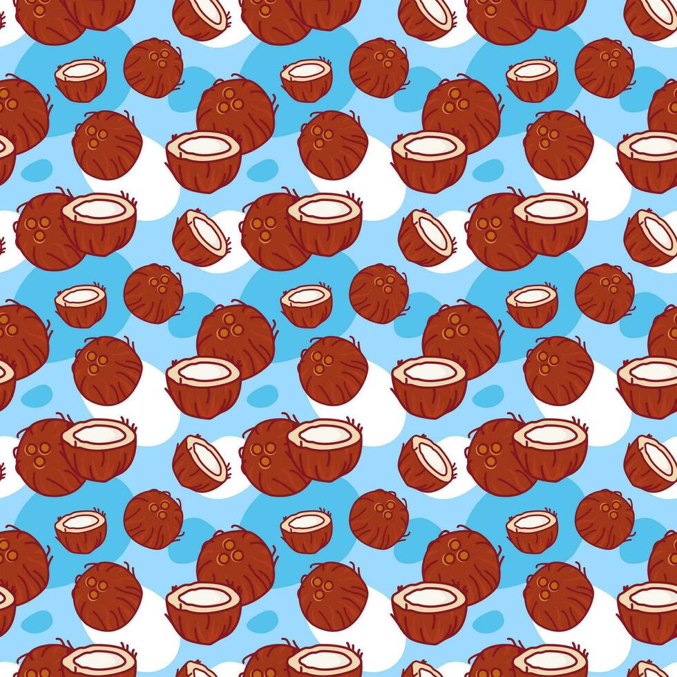 Seamless pattern with coconuts. Half a coconut. Summer walnut background. Wallpaper, print, wrapping paper, modern textile design, banner, poster. Vector illustration.