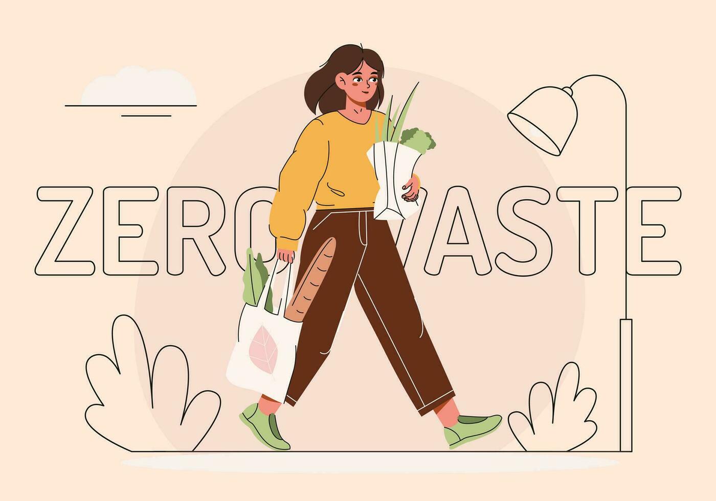 un mujer sostiene un papel bolso con comestibles en su manos. el concepto de un sano orgánico dieta y estilo de vida, reciclaje papel bolsas, tomando cuidado de el ambiente. vector ilustración