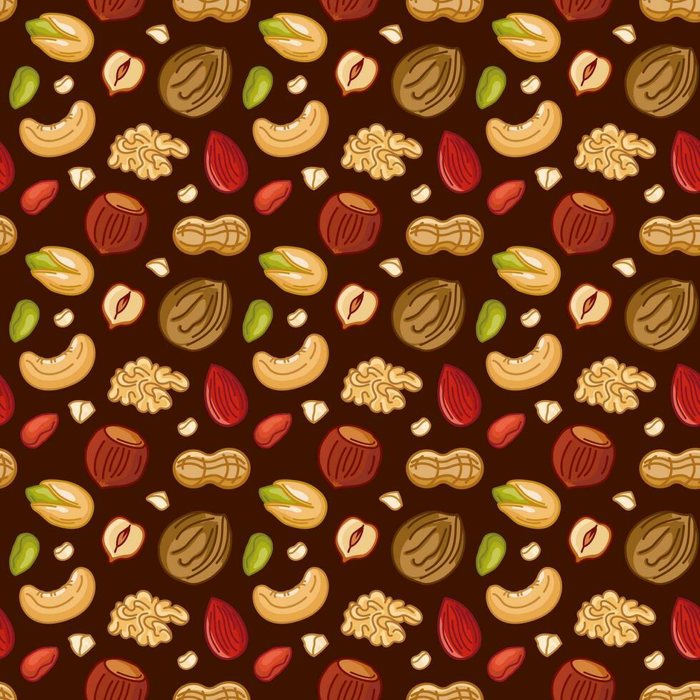 Seamless pattern with various nuts on a dark background. Almonds, walnuts, cashews, pistachios, cashews, peanuts and hazelnuts. Vector illustration of organic healthy food in cartoon flat style.