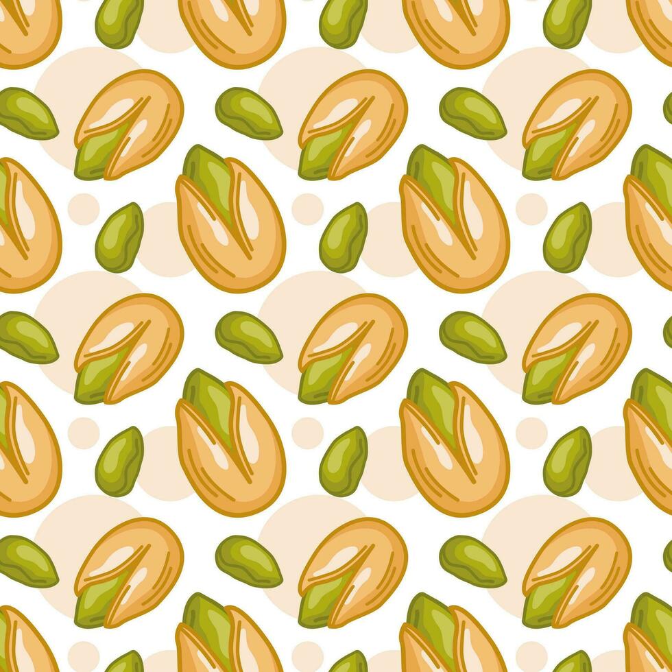 Vector seamless pattern of pistachios in cartoon design. Traditional snack. Healthy food. Walnut ornament for wallpaper, printing, textiles, web page design
