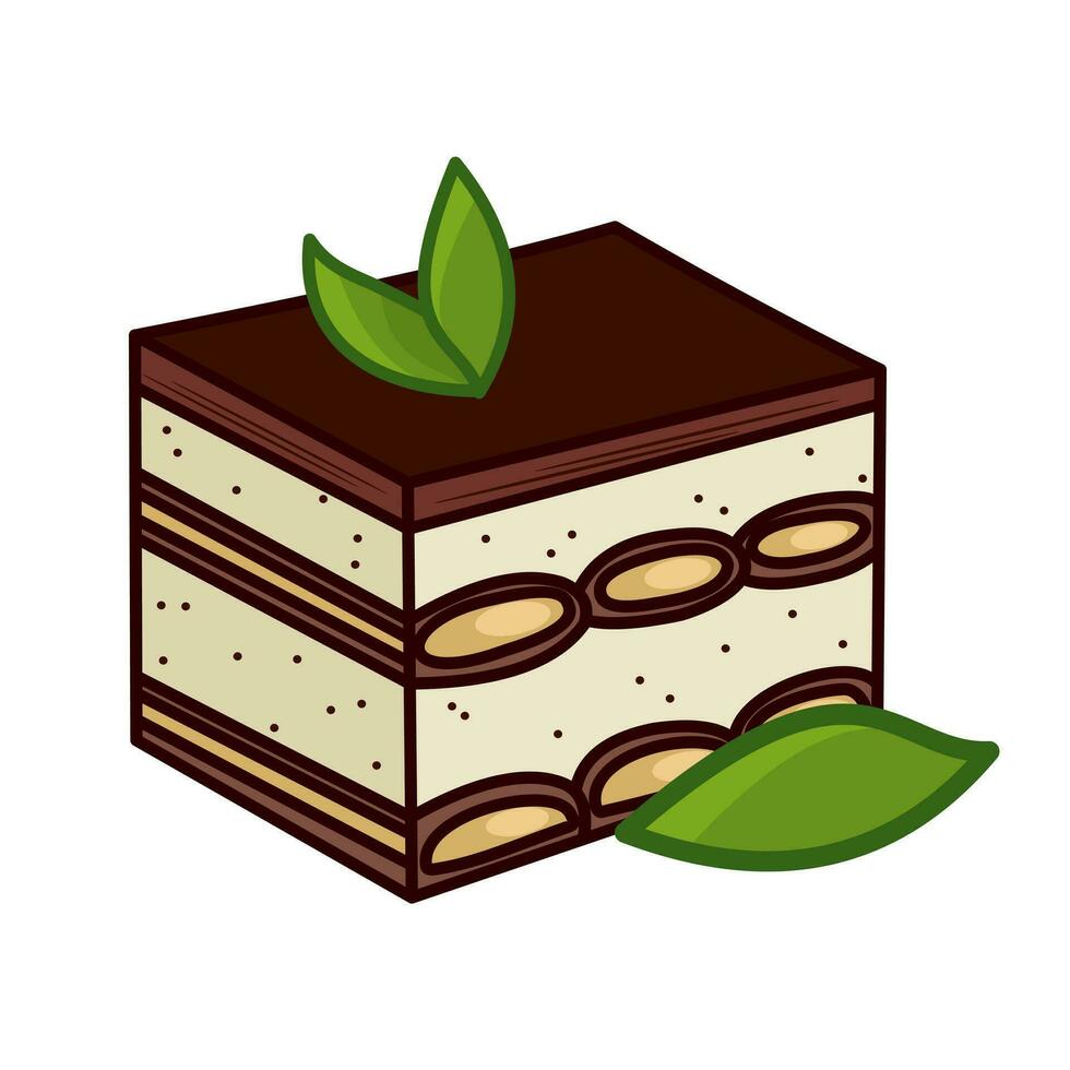 Tiramisu cake highlighted on a white background. A piece of cake with decor. Vector illustration.