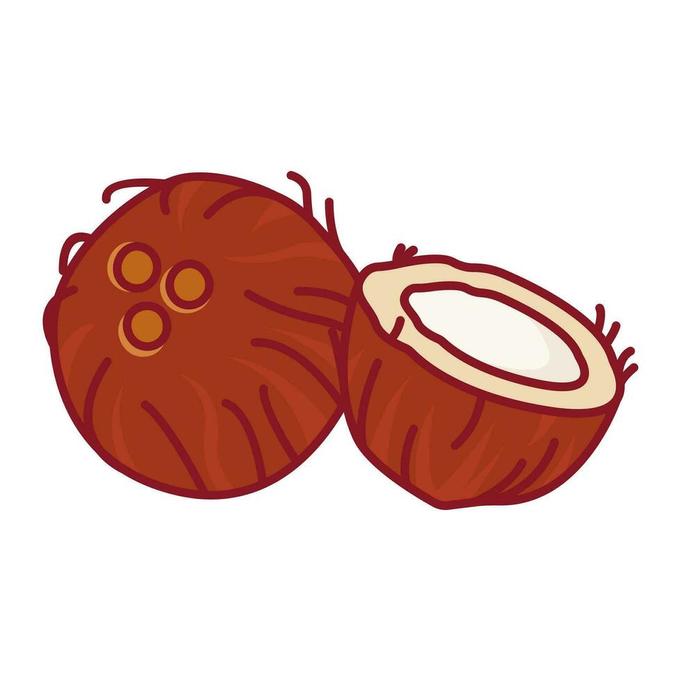 A whole coconut and half a coconut . Vector illustration of a cartoon flat icon isolated on a white background.