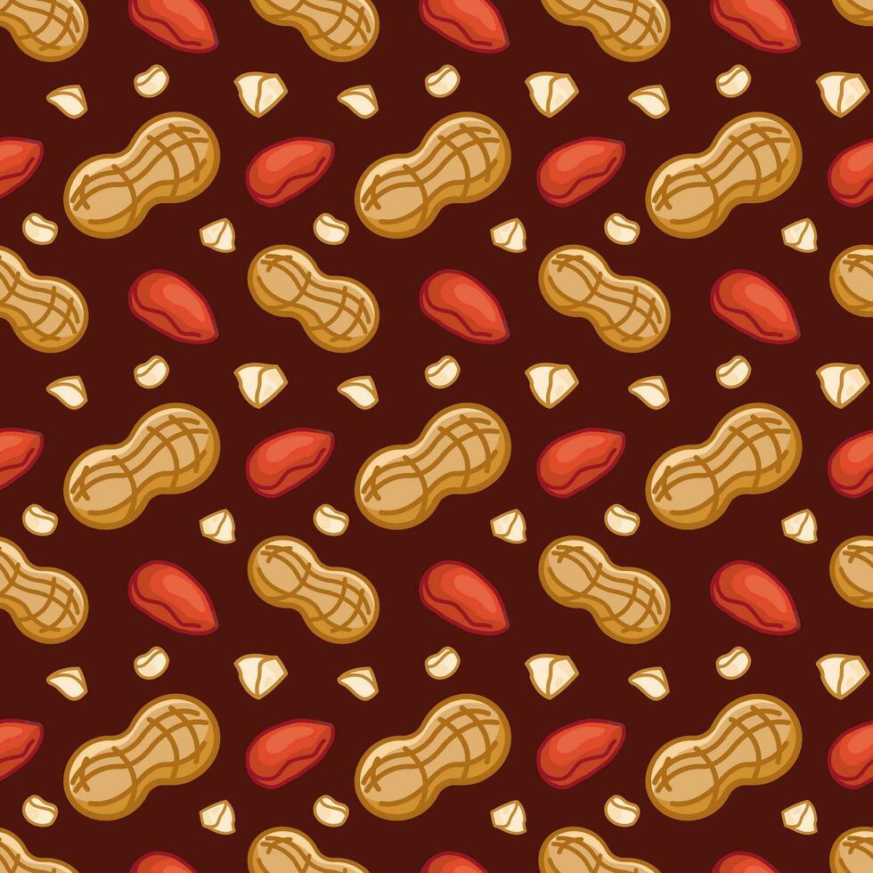Seamless pattern of peanuts in the shell and without on a dark background. Vector background for textiles and packaging