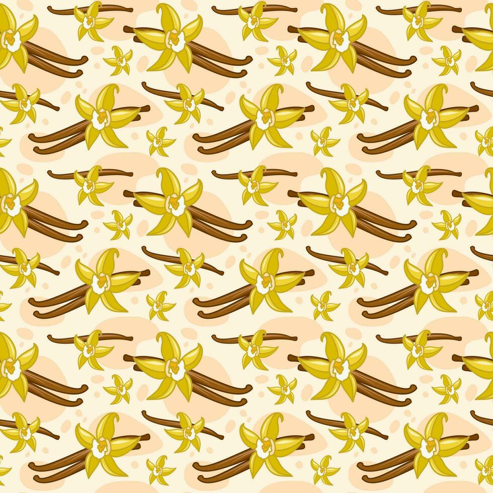 Vanilla stick and floral vector seamless pattern in cartoon vector style. Vanilla Flower fragrance illustration