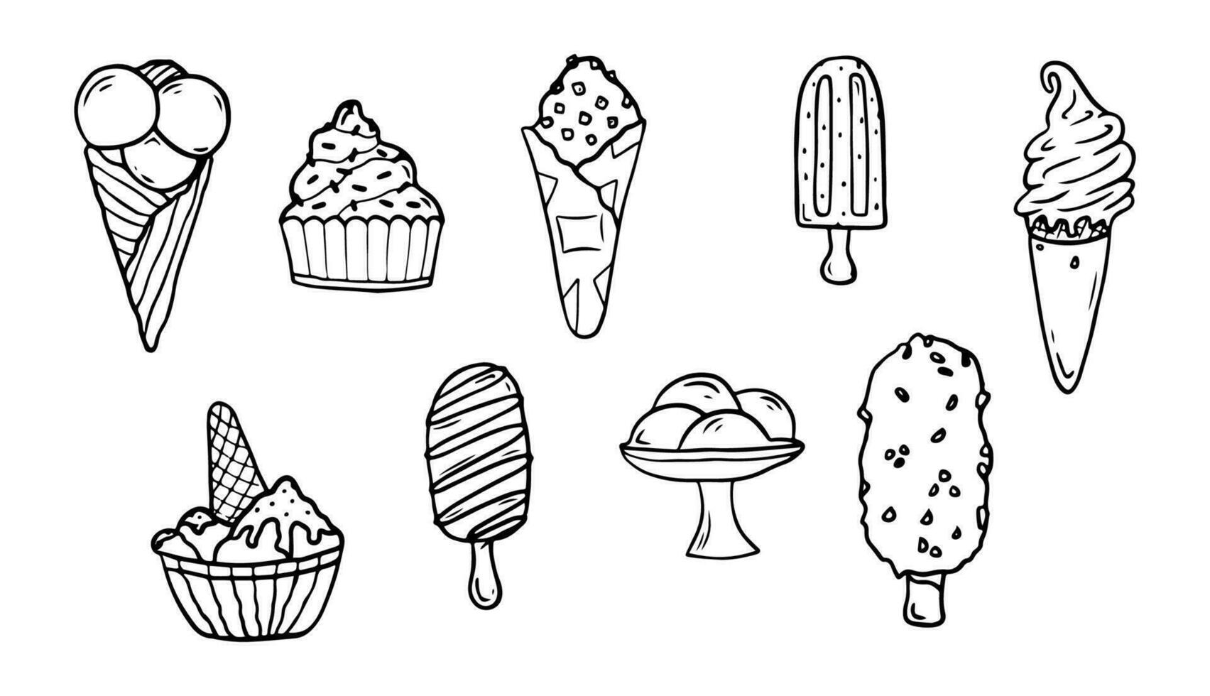 Doodle ice cream set of hand drawn waffle cone, eskimo, in a bowl, popsicle, sundae. Best using for cafe, menu, design, birthday vector